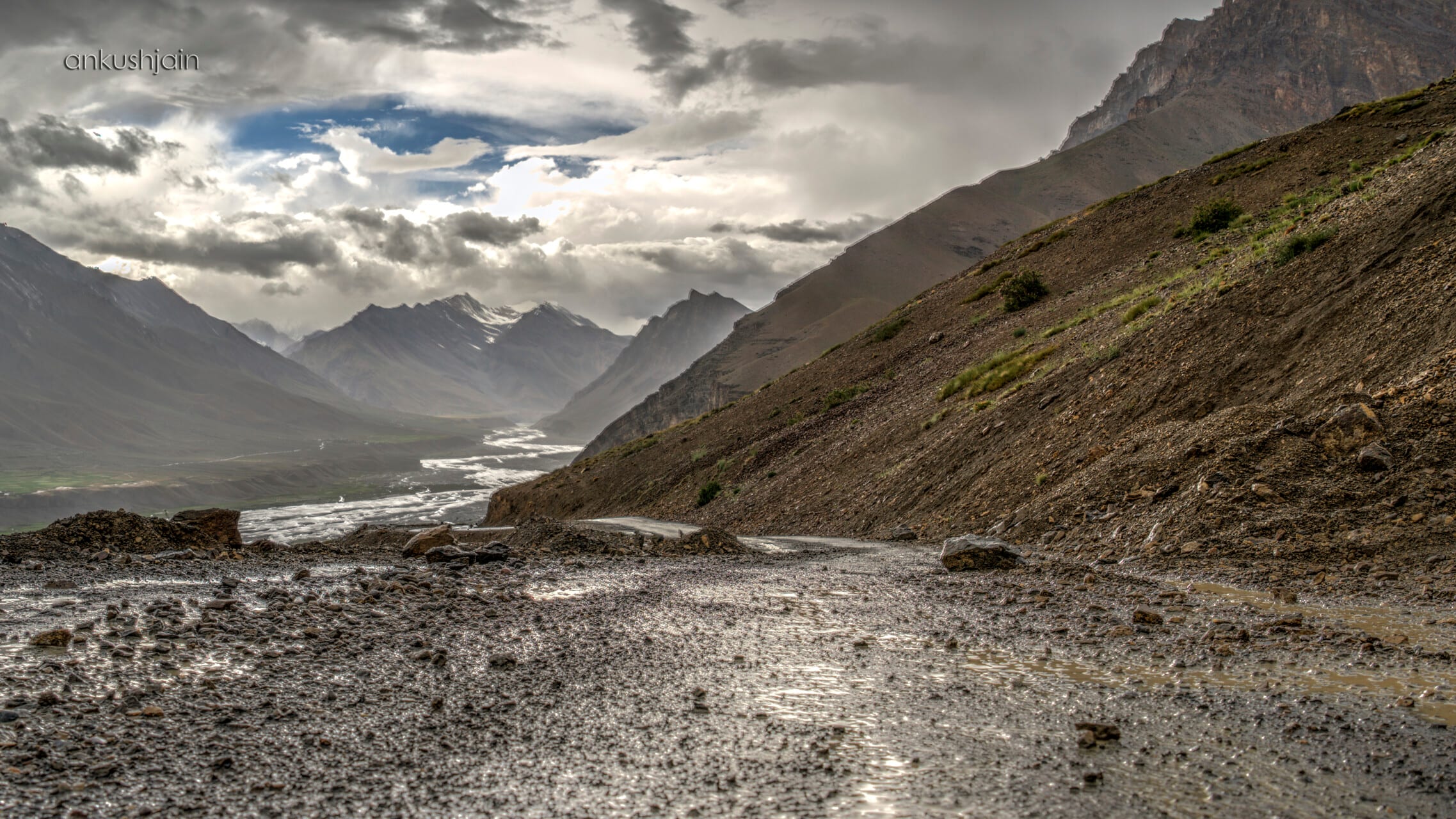 The Spiti river winding between glacial peaks under a wide sky