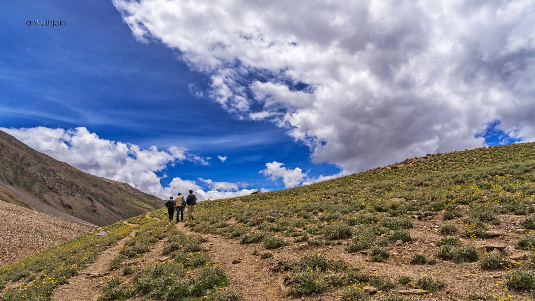 Three figures walking together across an open mountain landscape